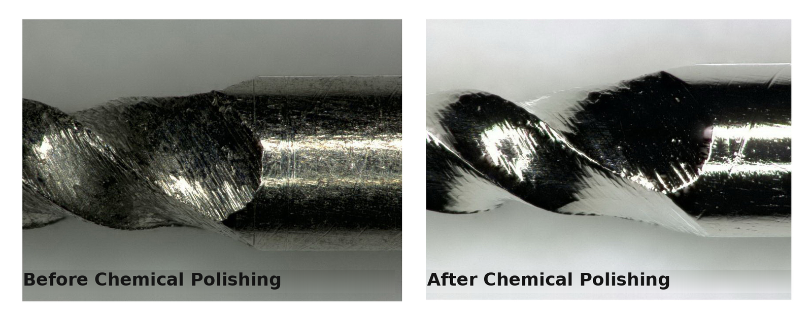 Spiral groove on a small-diameter component before and after chemical polishing, showing uniform treatment down to the groove floor