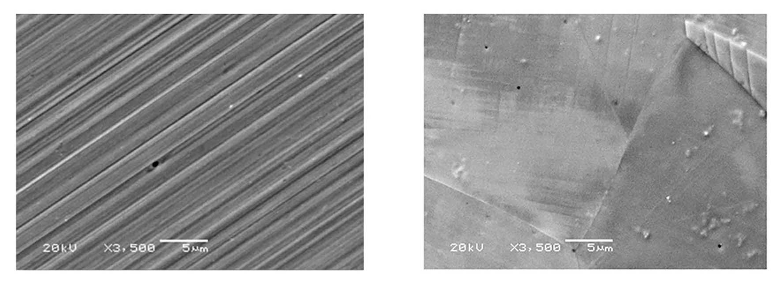 SEM comparison of surface condition: mechanically polished 316L retains machining striations while the chemically polished surface shows exposed grain boundaries, 3500x magnification